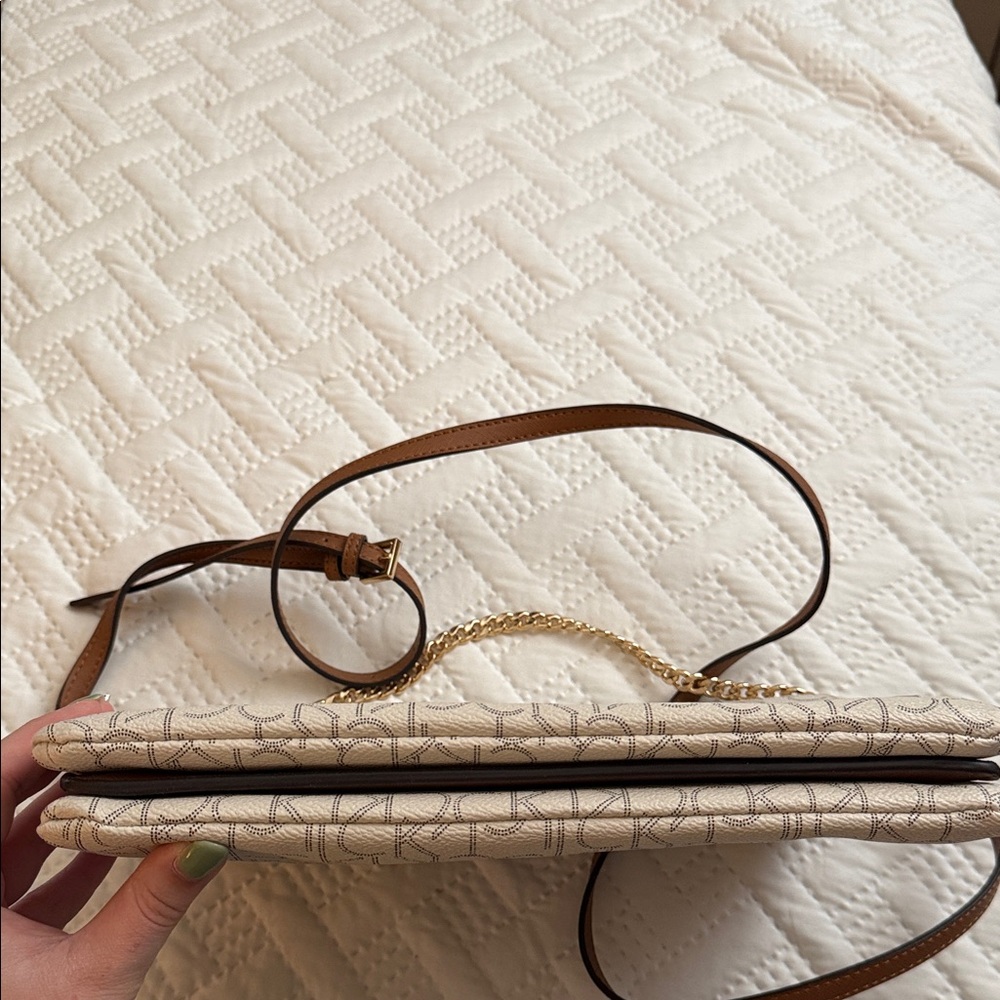 Calvin Klein Cream Monogram Chain Crossbody with Brown Strap - Picture 2 of 8